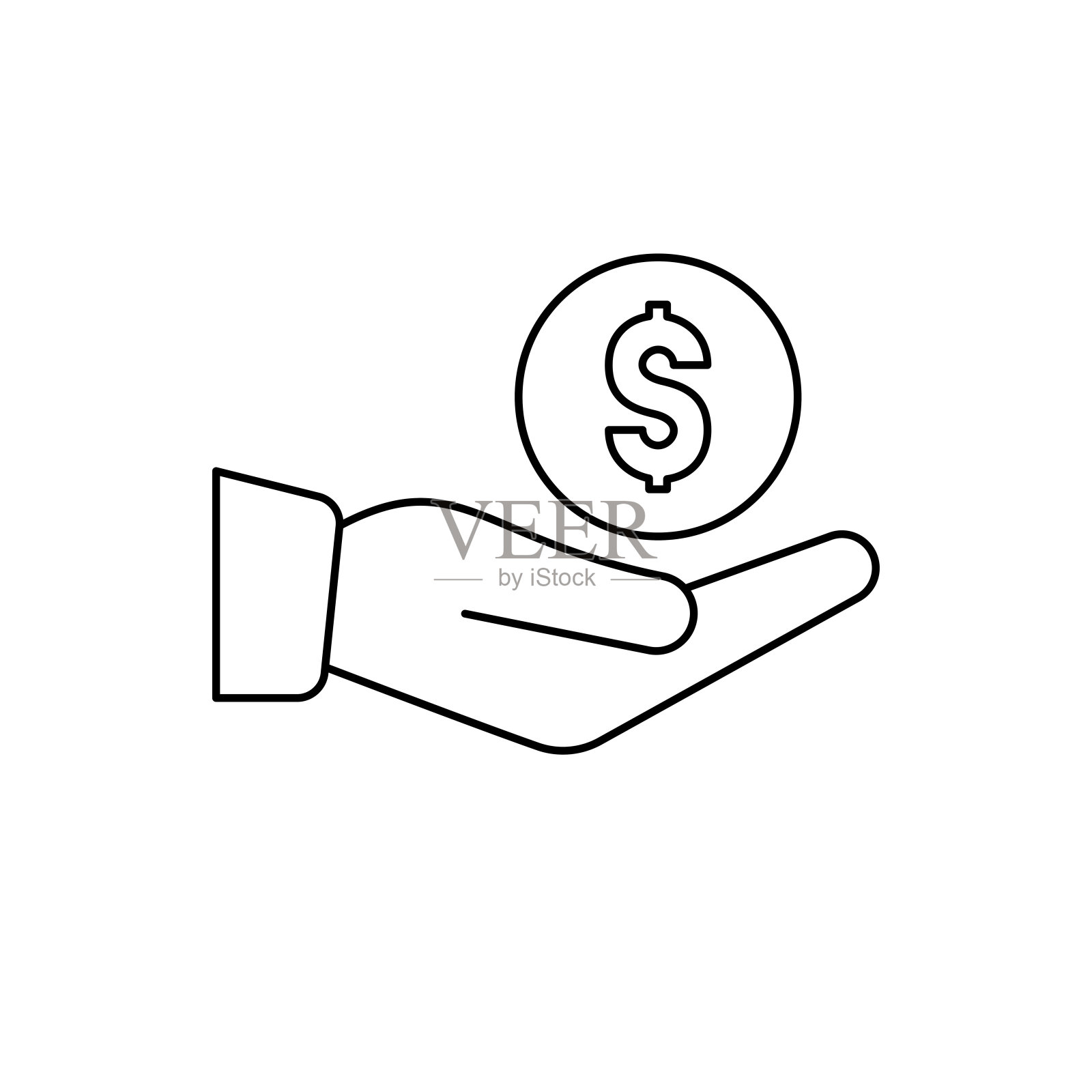 简单的手与硬币线图标。符号和符号矢量插图设计。可编辑的中风。在白色背景上隔离插画图片素材