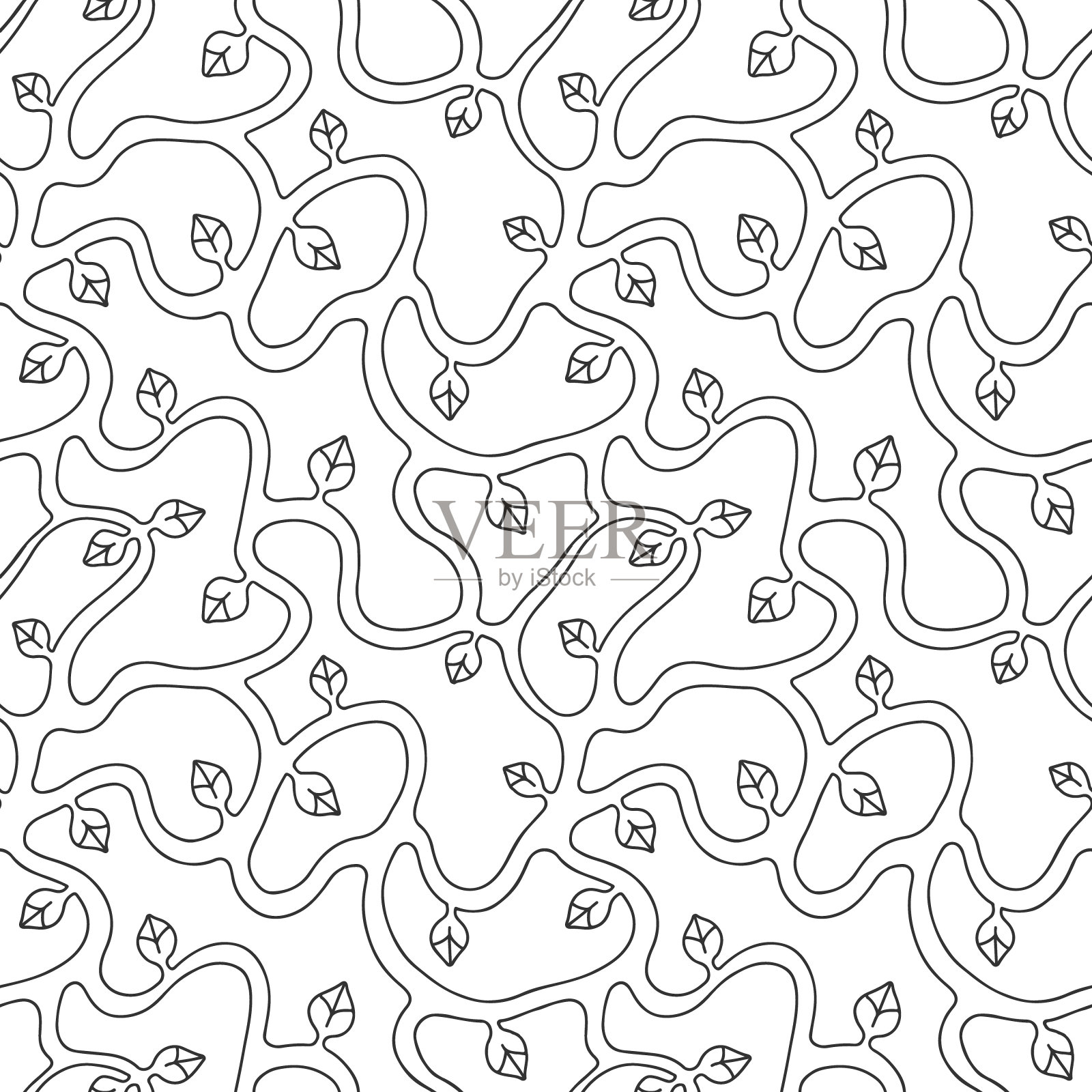 无缝矢量黑白手绘模式与树枝，树叶。抽象的无限的树。图形无色插图。打印织物，背景，壁纸，包装，包装插画图片素材