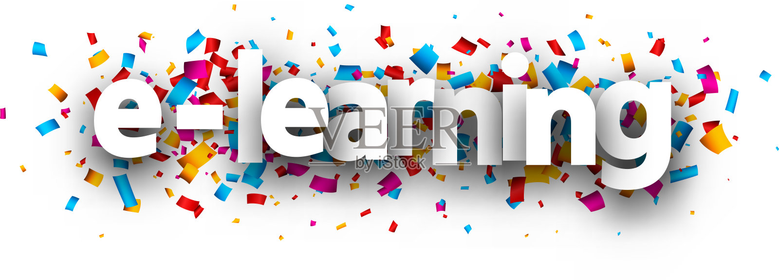 电子学习标志在五彩纸屑背景上。插画图片素材