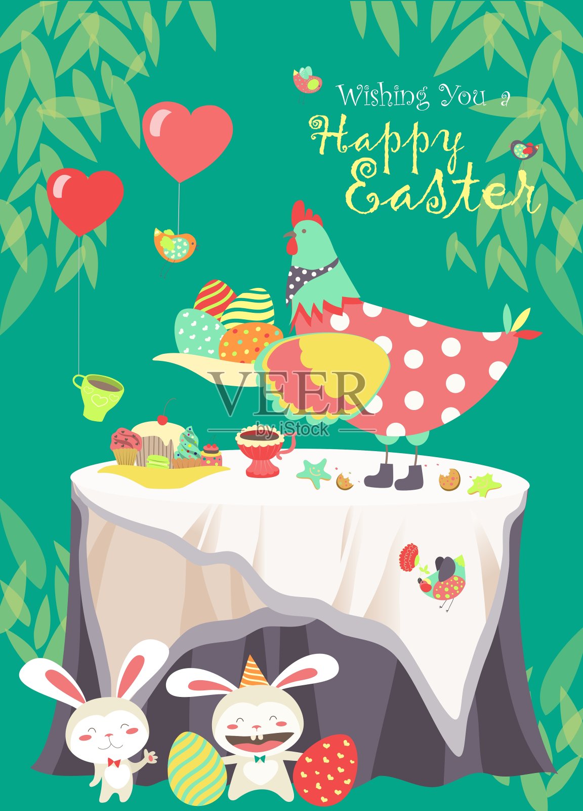 复活节兔子，小鸡和复活节蛋设计模板素材