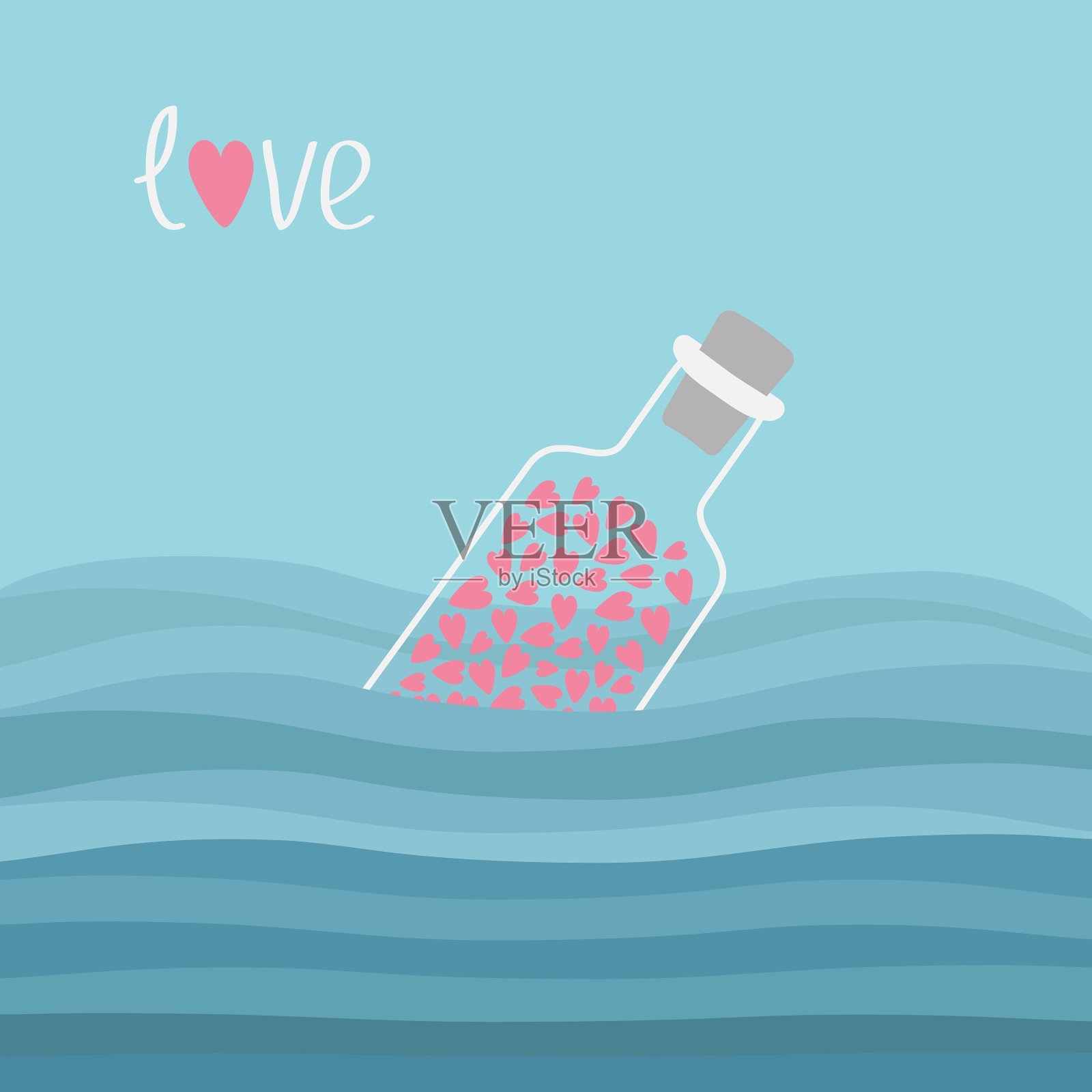 大海里装着一颗心的酒瓶插画图片素材