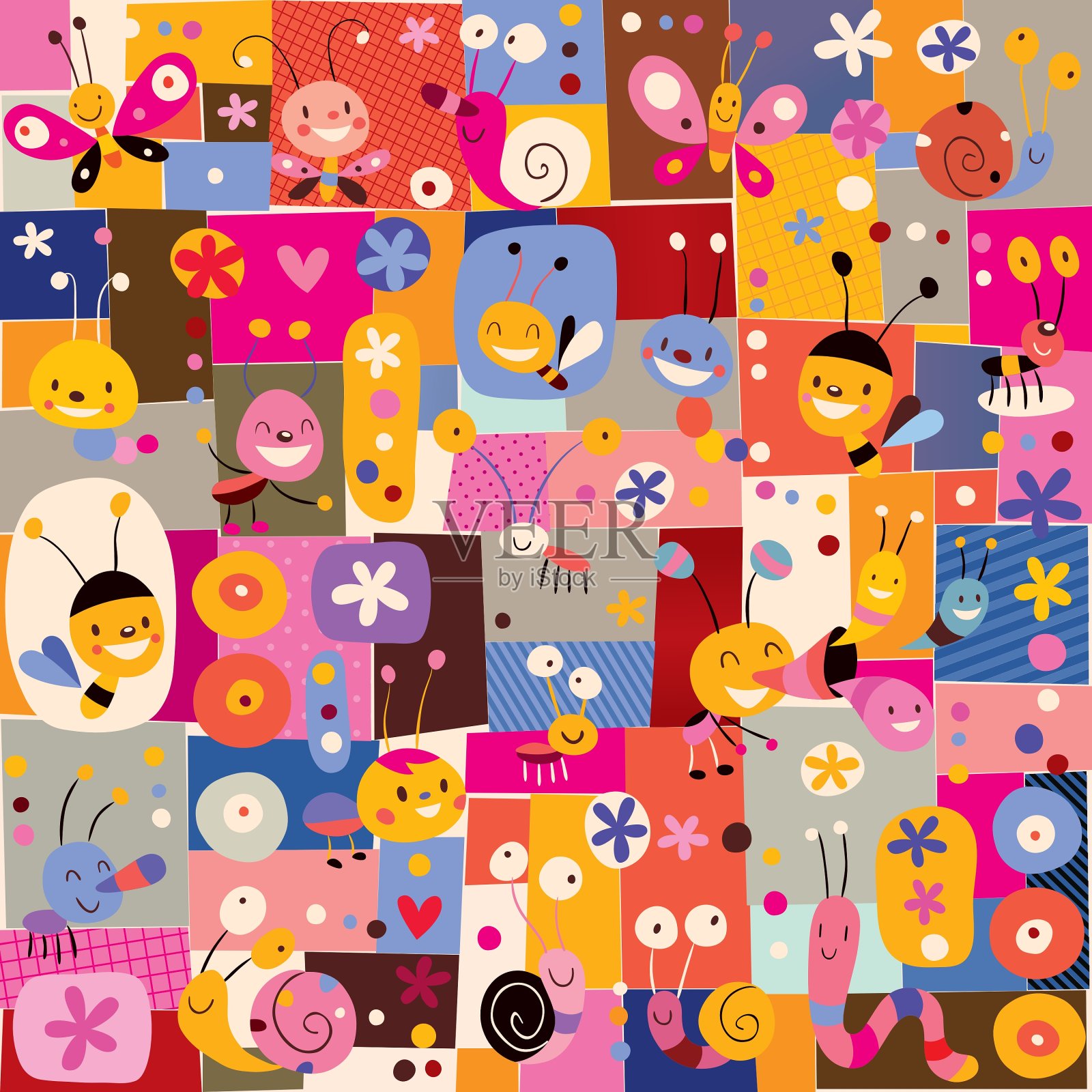 蝴蝶，甲虫，蜗牛，蜜蜂，花大自然插画图片素材