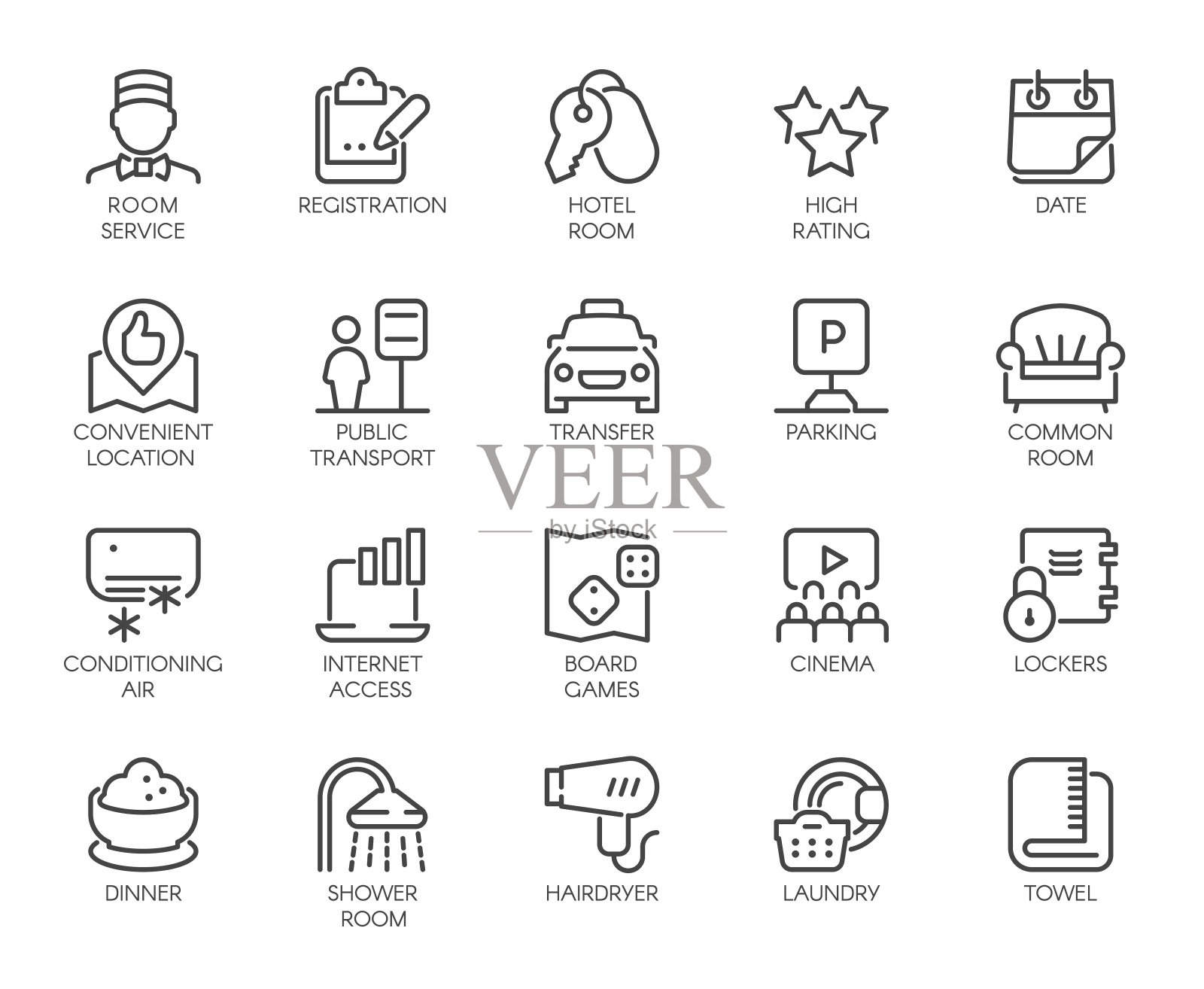 一套20行图标的客房服务。轮廓标签酒店客栈，青年旅社，公寓，公寓预订网站和应用程序。象形图孤立。向量大纲说明图标素材
