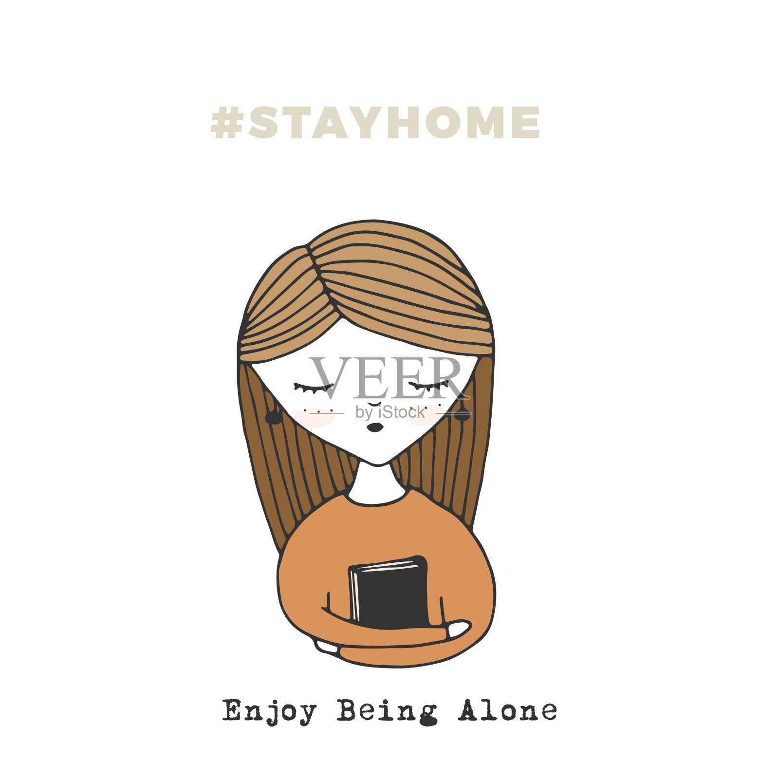 Covid-19隔离。彩色矢量插图。家里有本书的女孩。插画图片素材