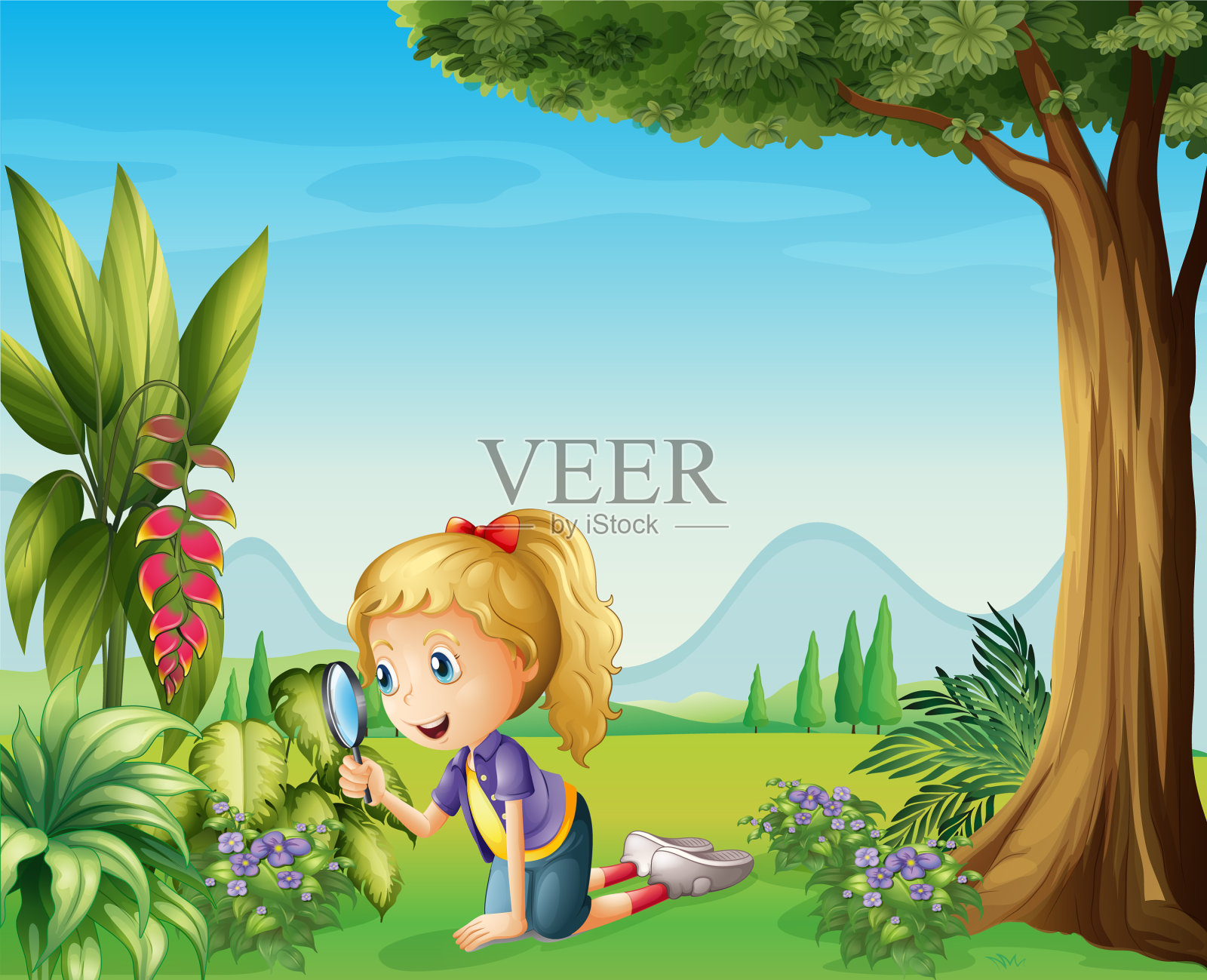 拿着放大镜的女孩插画图片素材