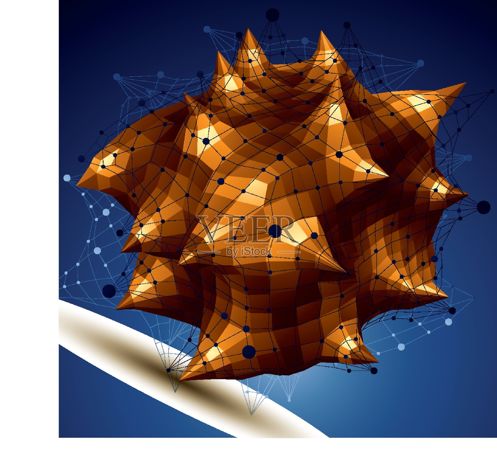 抽象不对称的黄金物体与线网格插画图片素材