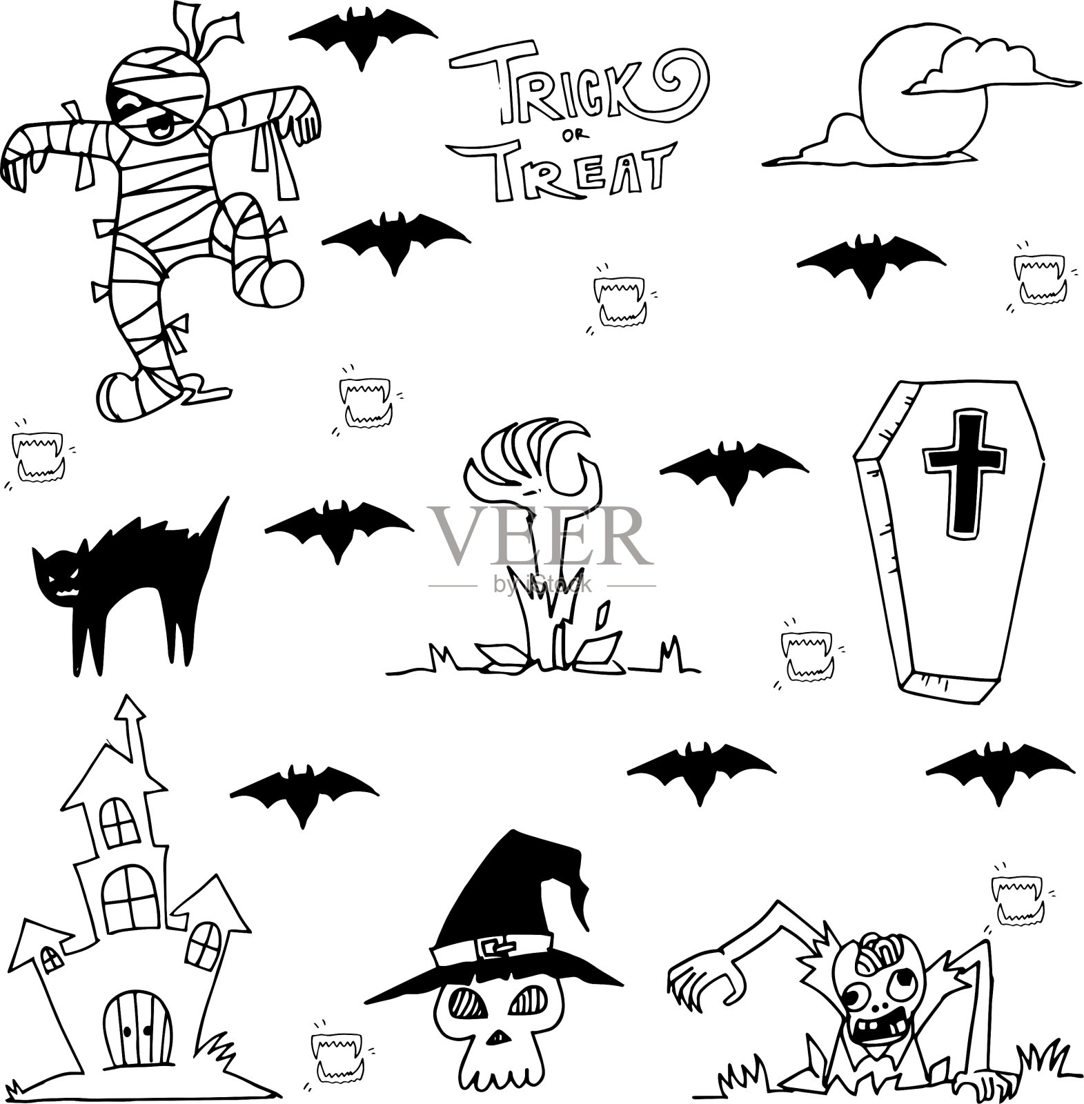 城堡僵尸和蝙蝠万圣节涂鸦插画图片素材