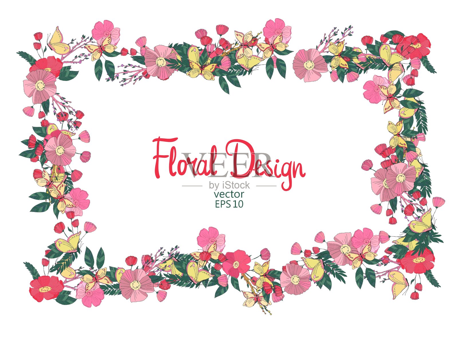 花框架与花浆果和蝴蝶设计元素图片