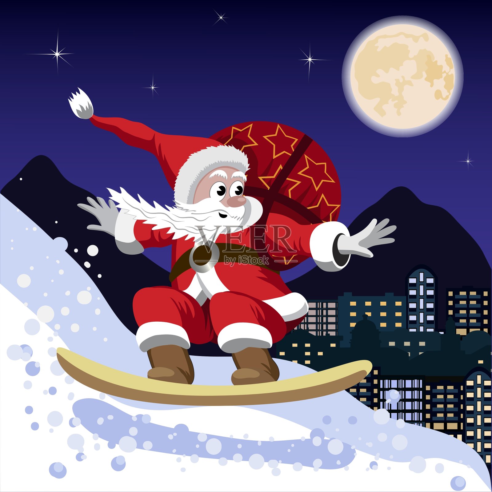 滑雪板上的圣诞老人插画图片素材