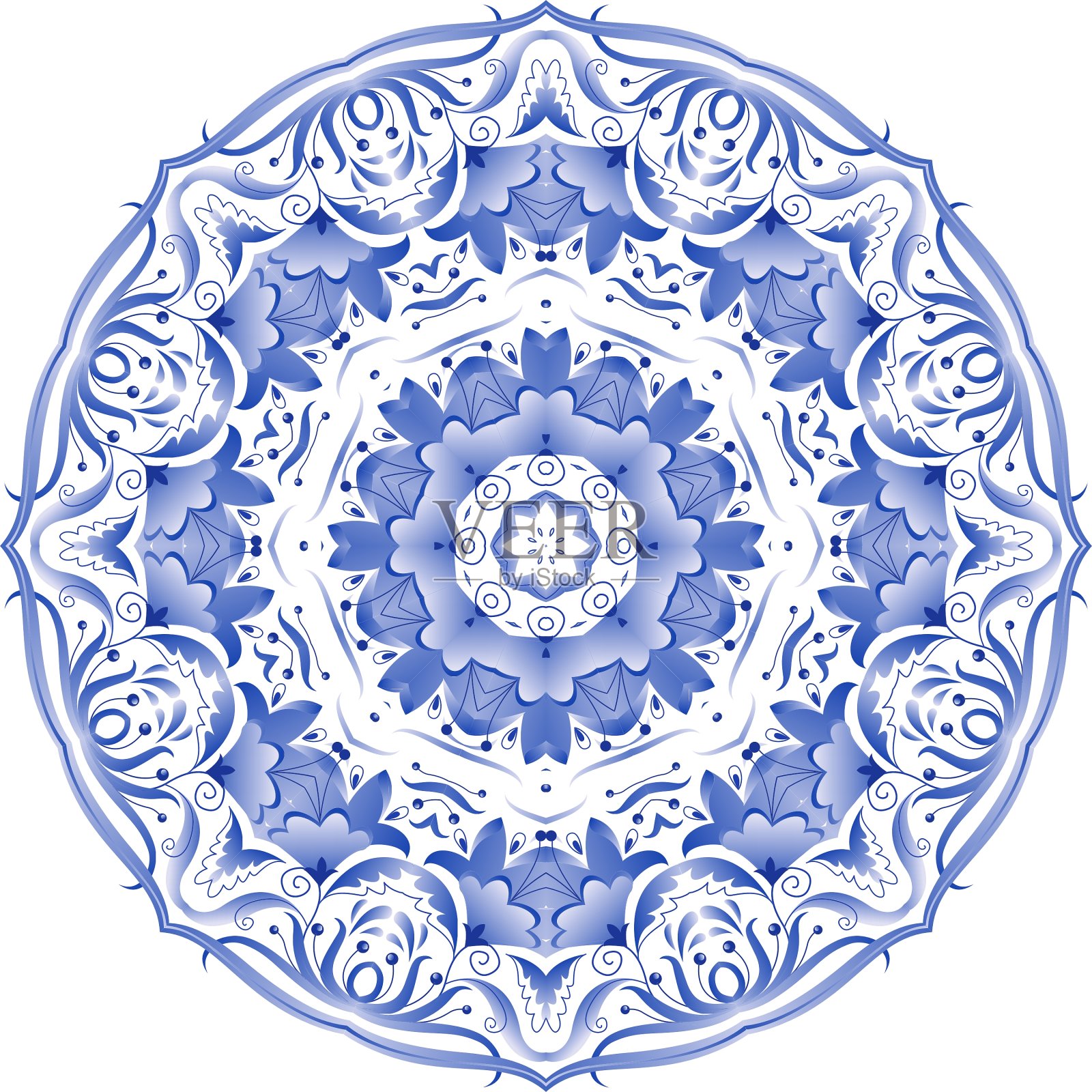 葛哲尔风格的蓝色花圈图案插画图片素材