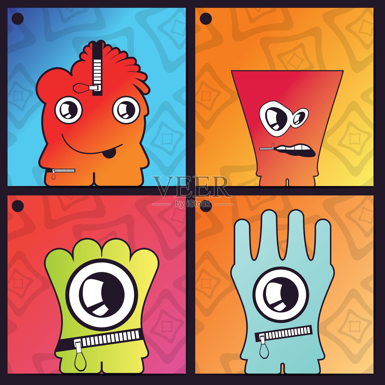 设置四个怪物在抽象背景插画图片素材