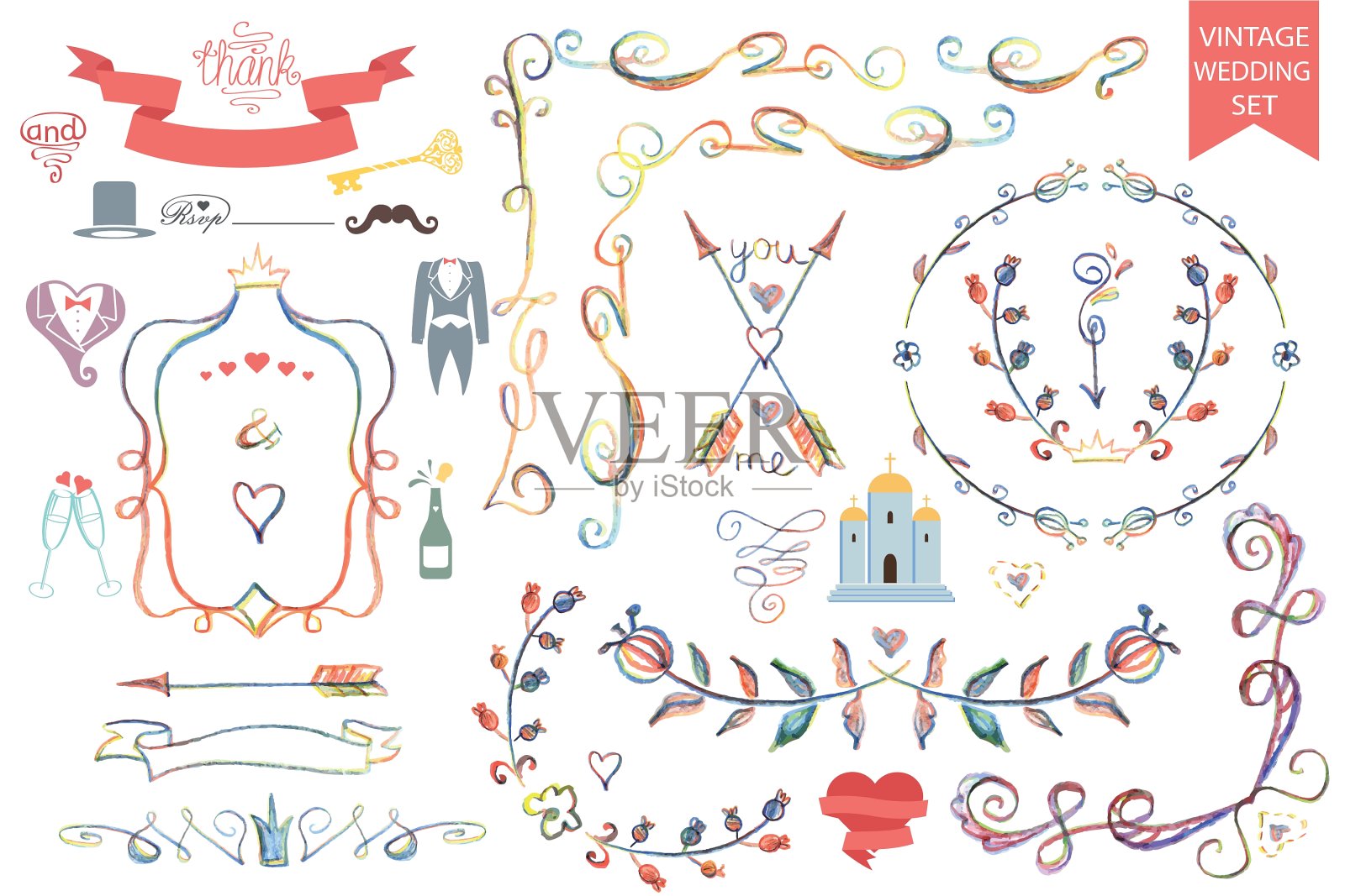 复古婚礼花卉涂鸦装饰集设计元素图片