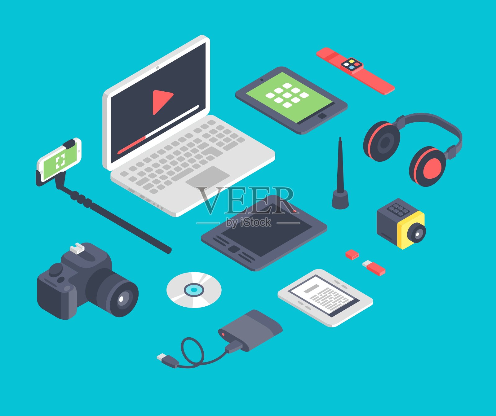 一套等距设计师工作场所的桌子图标素材