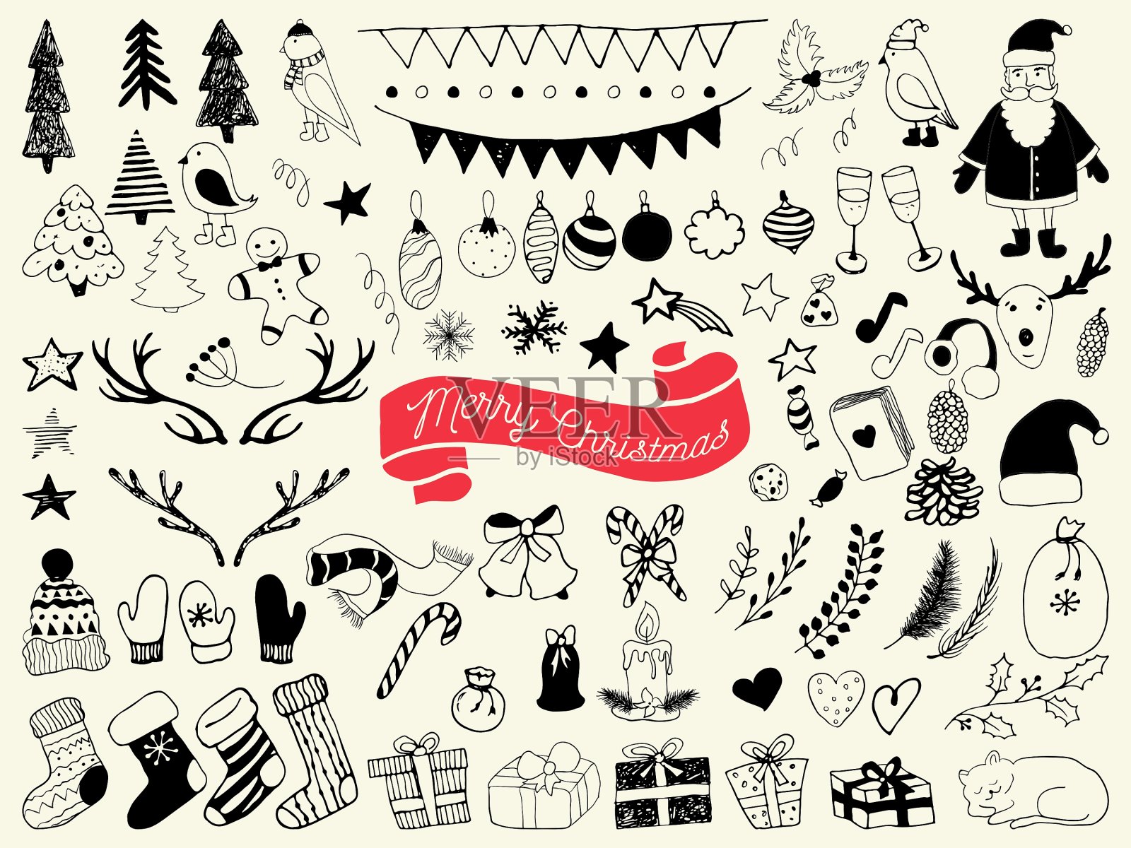 手绘收集的圣诞涂鸦元素插画图片素材