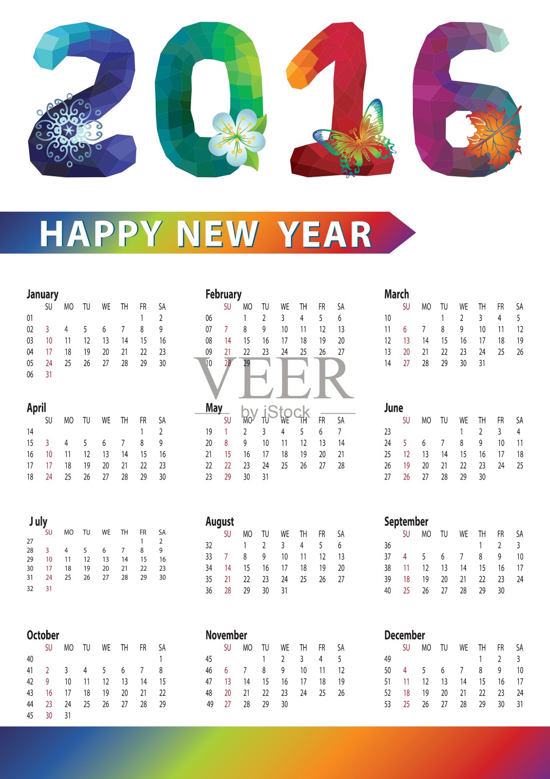 日历2016多边形数字，彩虹颜色设计模板素材