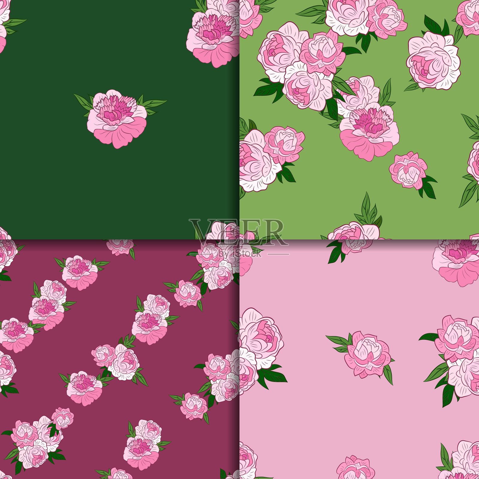 无缝模式设置与粉红色牡丹插画图片素材