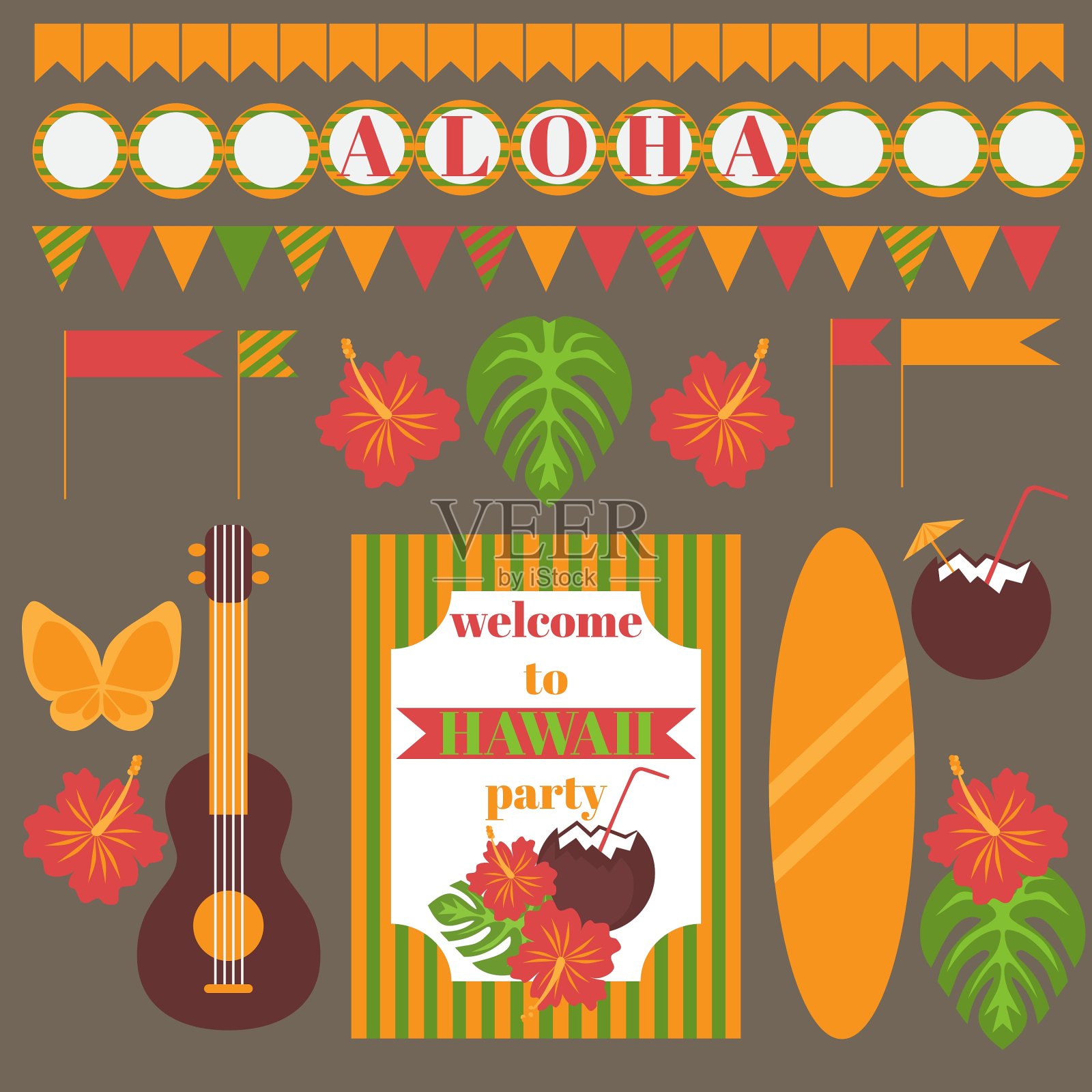 夏威夷派对元素模板的可打印集设计模板素材
