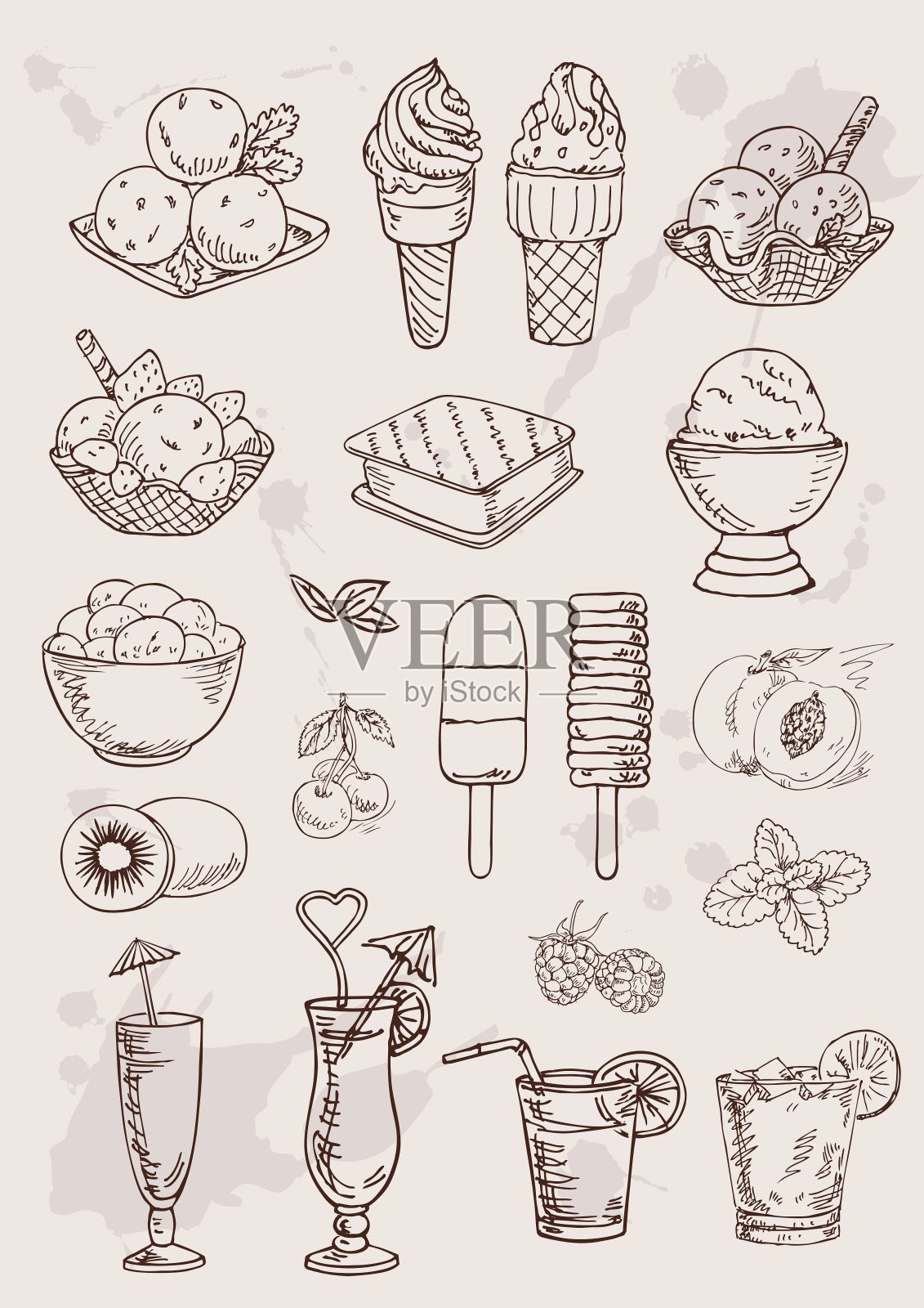 手绘酒精鸡尾酒和冰淇淋插画图片素材