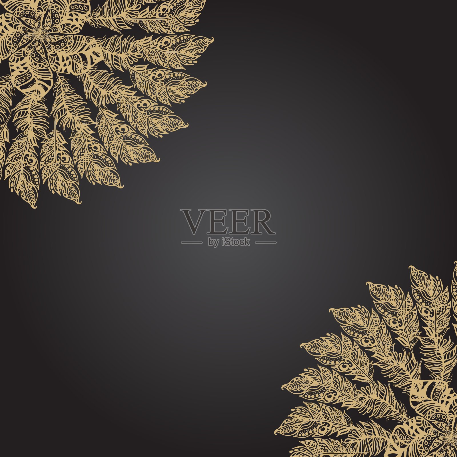 金羽毛手绘圆形玫瑰形黑色插画图片素材