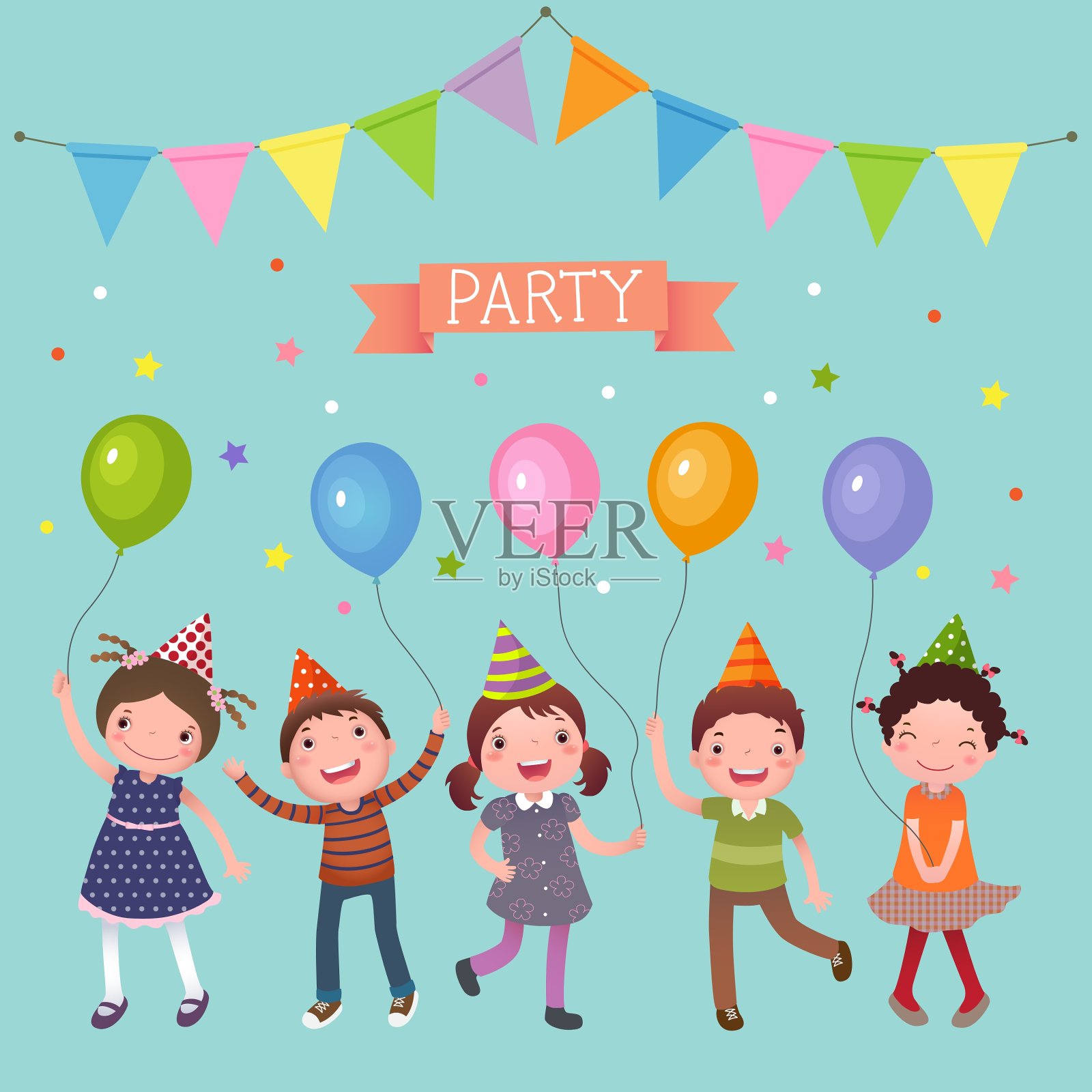 孩子们在派对上拿着彩色气球插画图片素材