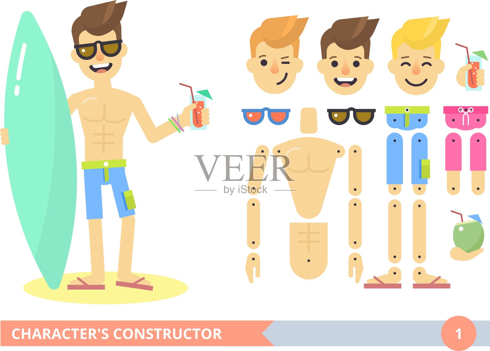 角色构造年轻健康的人在海滩上插画图片素材