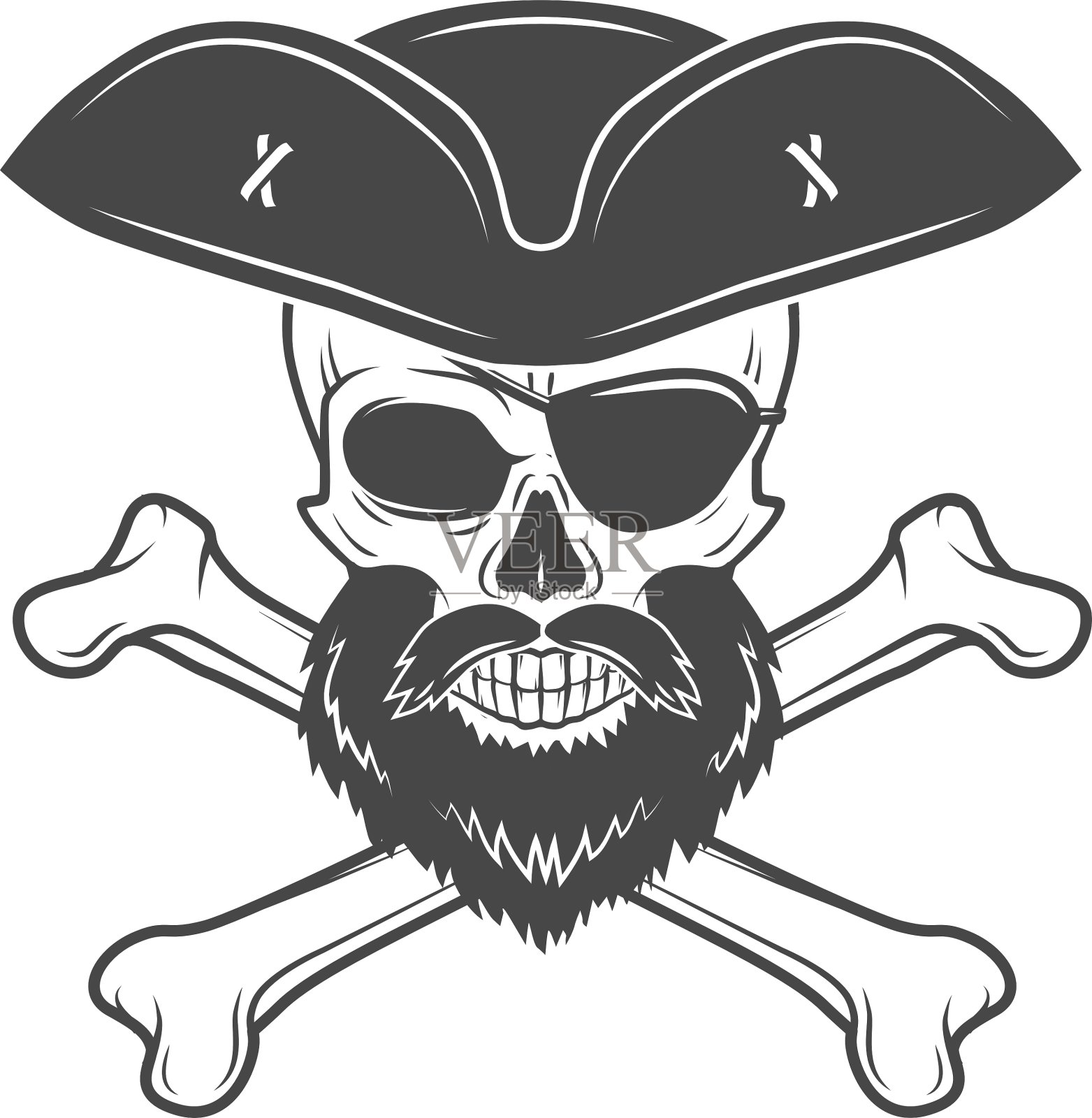 戴三角帽，戴眼罩的海盗头盖骨插画图片素材