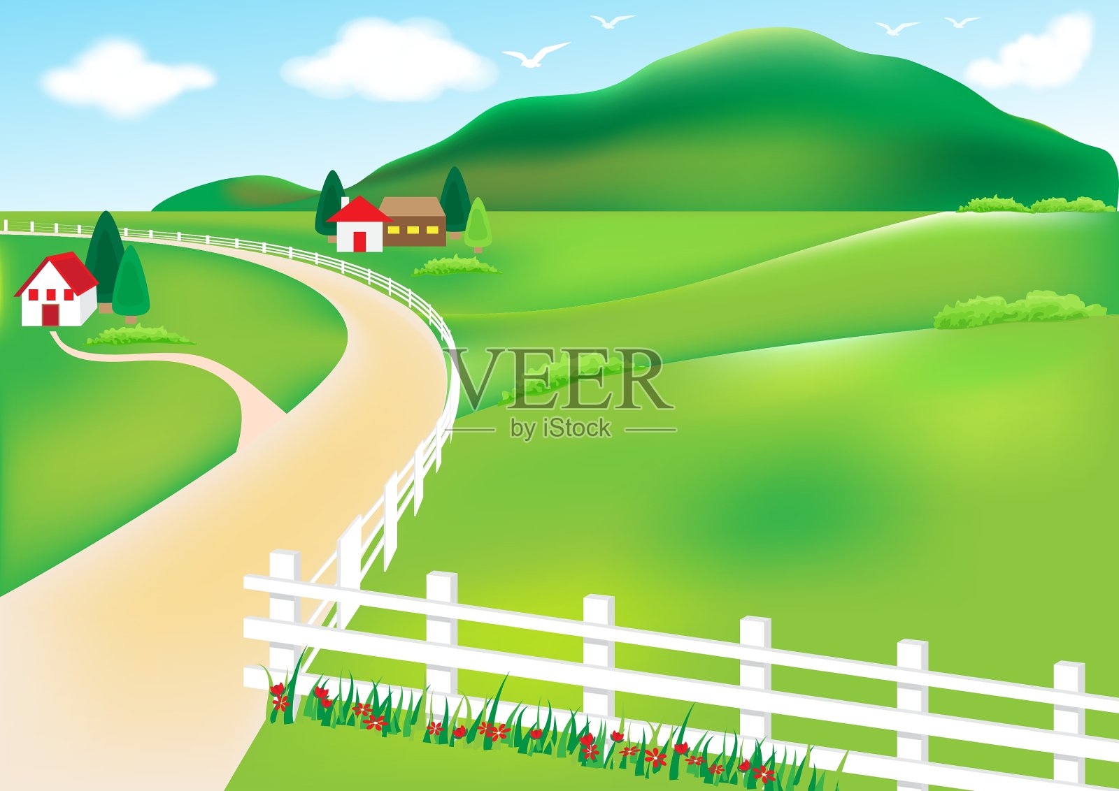 农村和房子有白色的栅栏插画图片素材