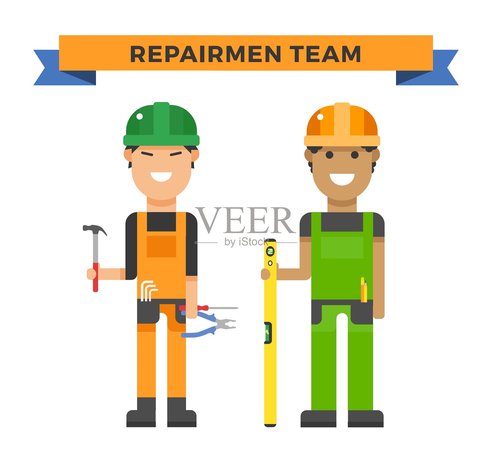 卡通工人夫妇和工具下插画图片素材