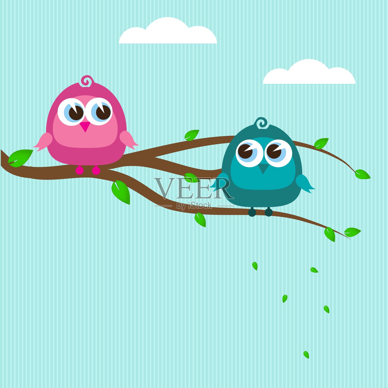 可爱的小鸟在树枝上插画图片素材