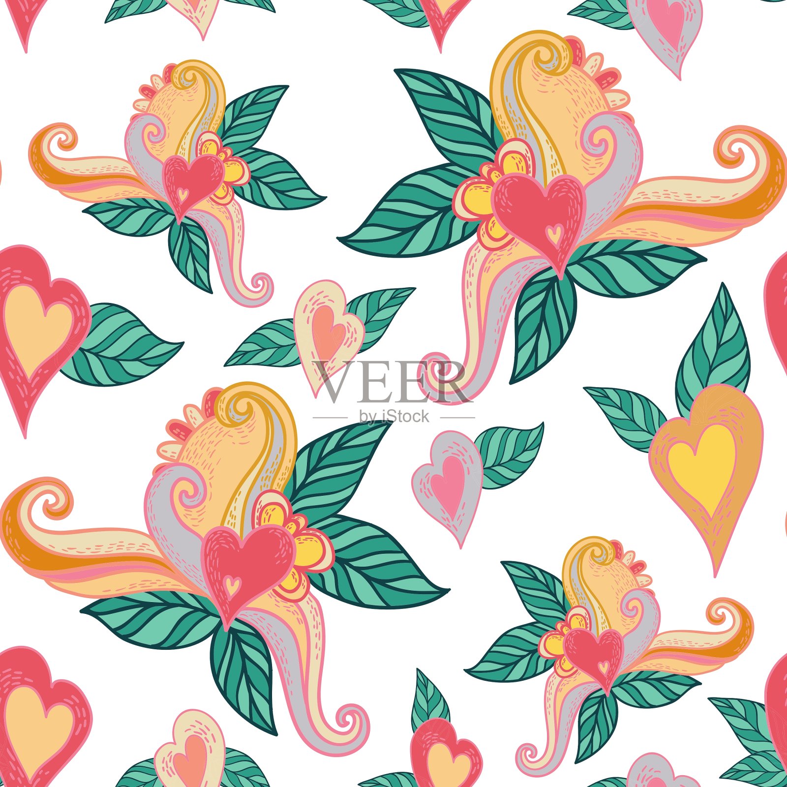 五彩缤纷的心与叶子无缝衔接，抽象插画图片素材