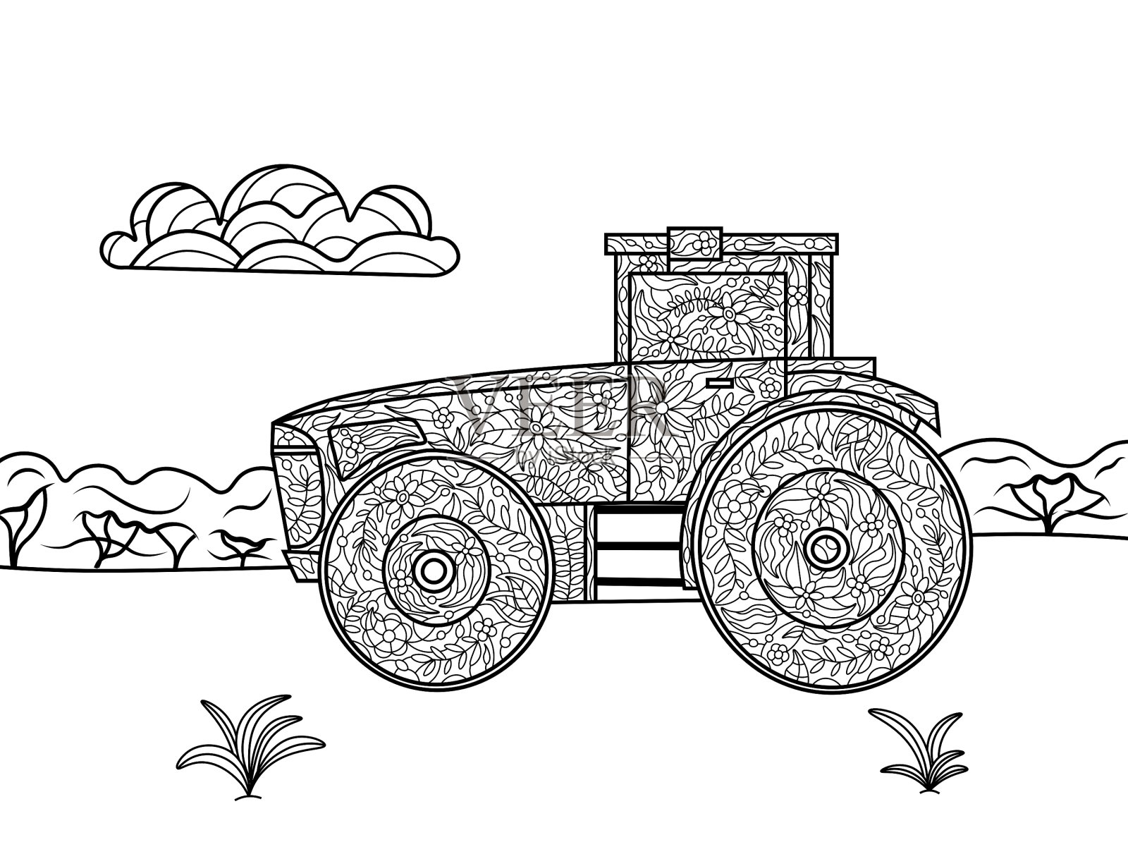 拖拉机着色书的成年人设计元素图片