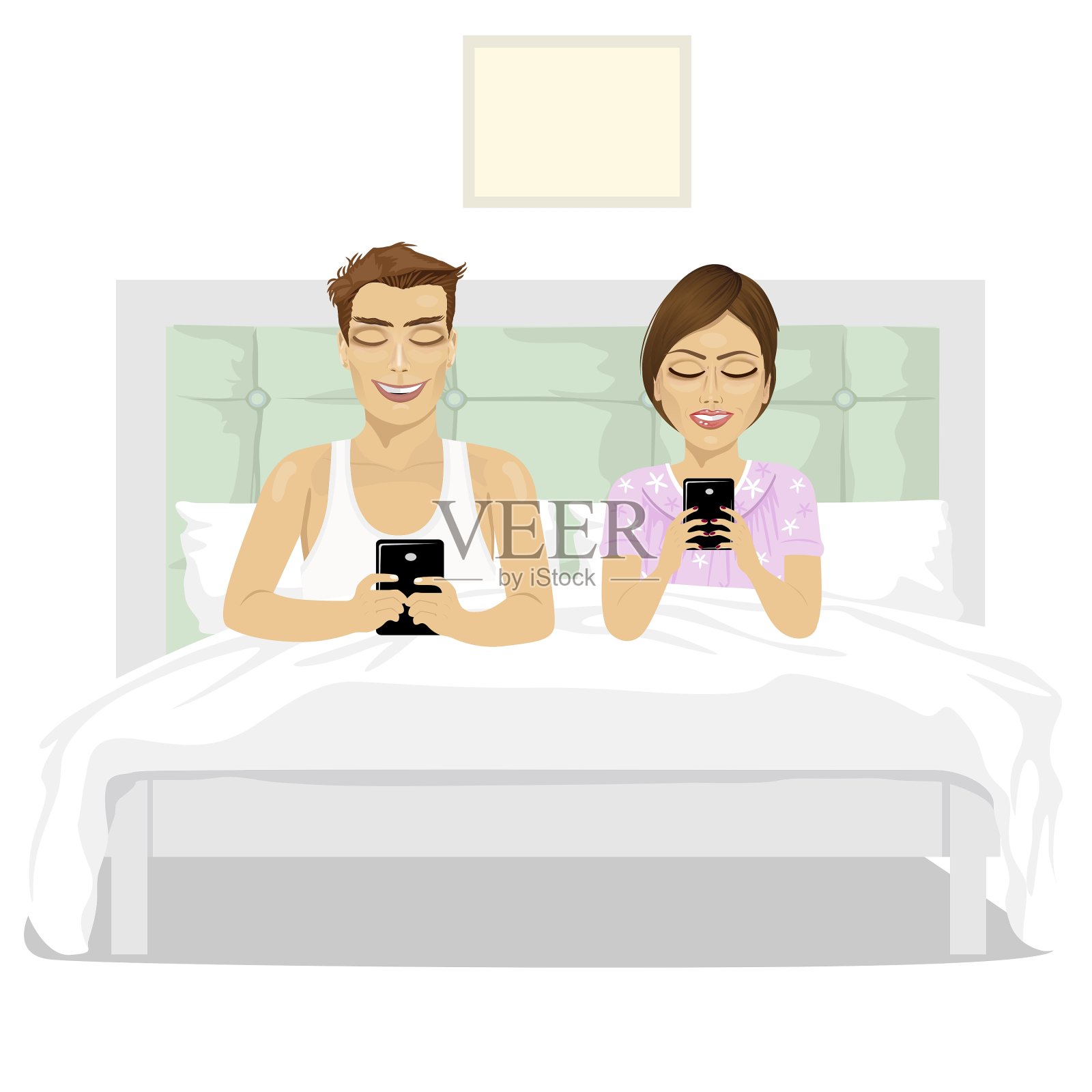 年轻夫妇在床上用他们的智能手机设计元素图片