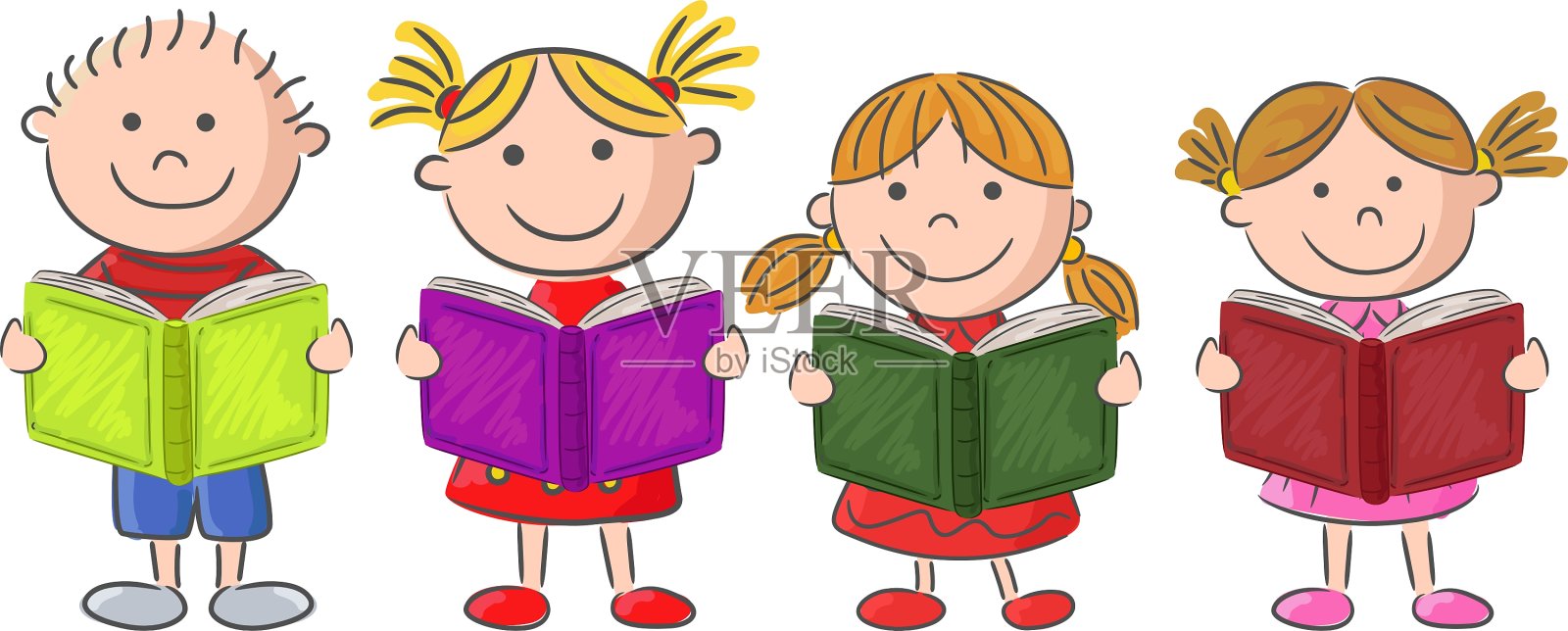 卡通小孩拿着书和在白色的背设计元素图片