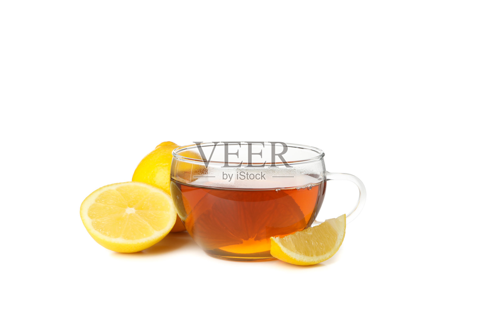 茶和柠檬片孤立在白色的背景照片摄影图片