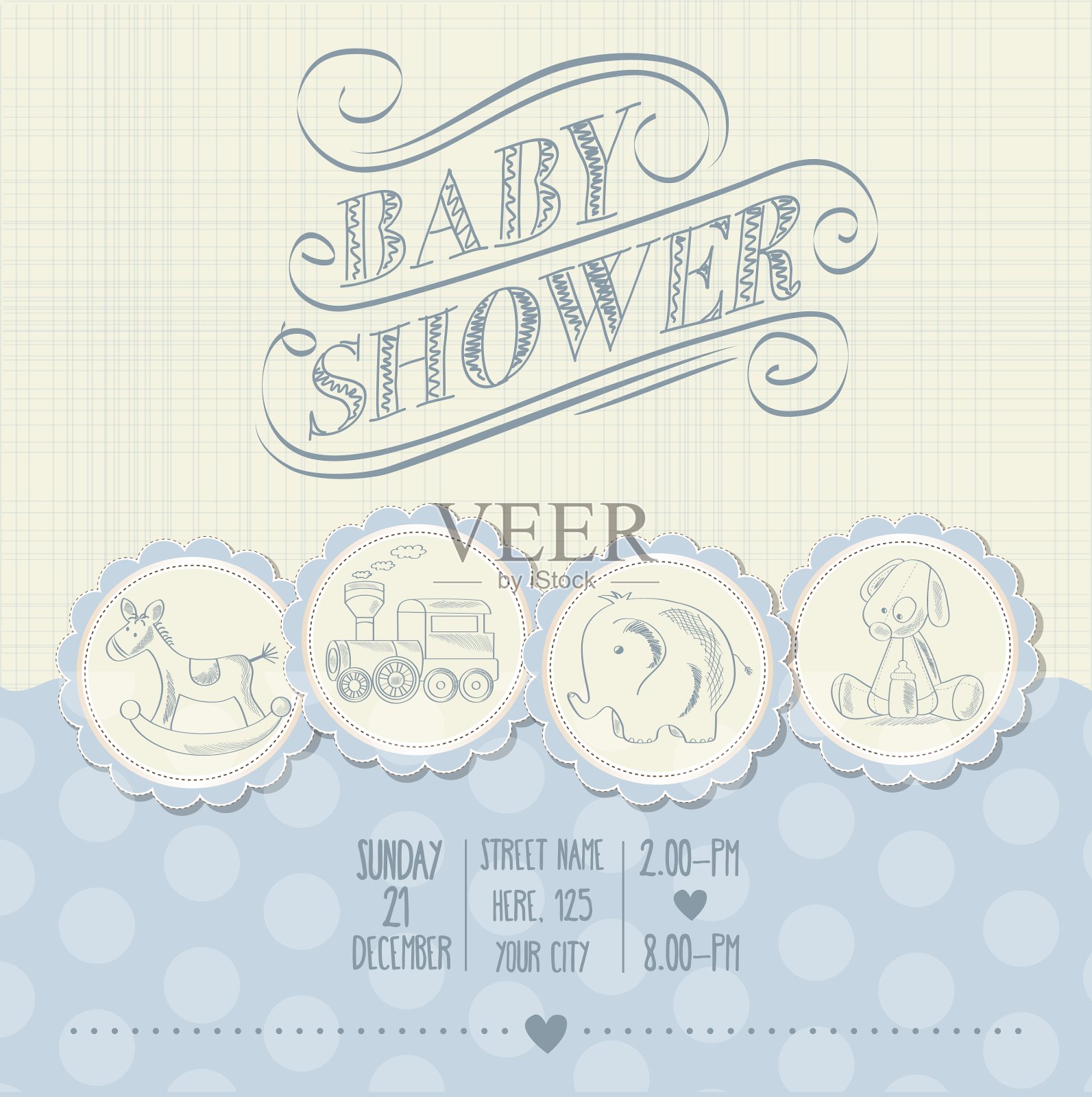 带复古玩具的男孩沐浴卡设计模板素材