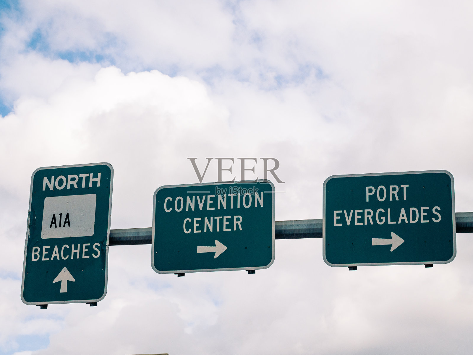 多云天气下，美国劳德代尔堡附近街道上的路标照片摄影图片