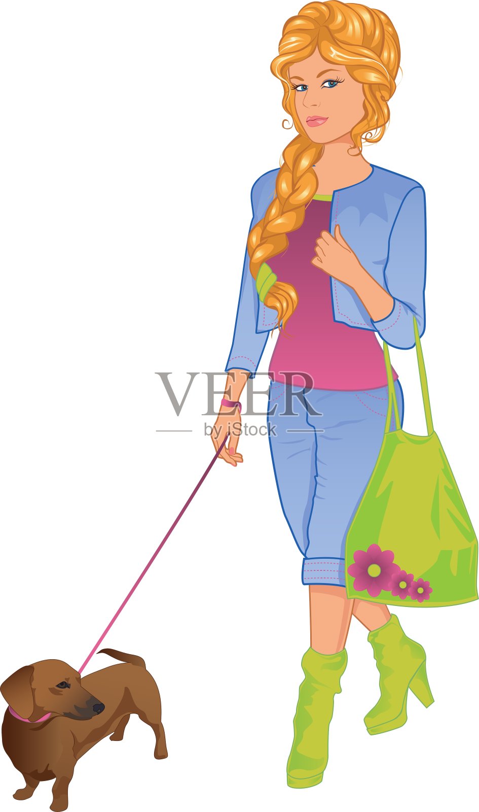 女孩和她的狗散步设计元素图片