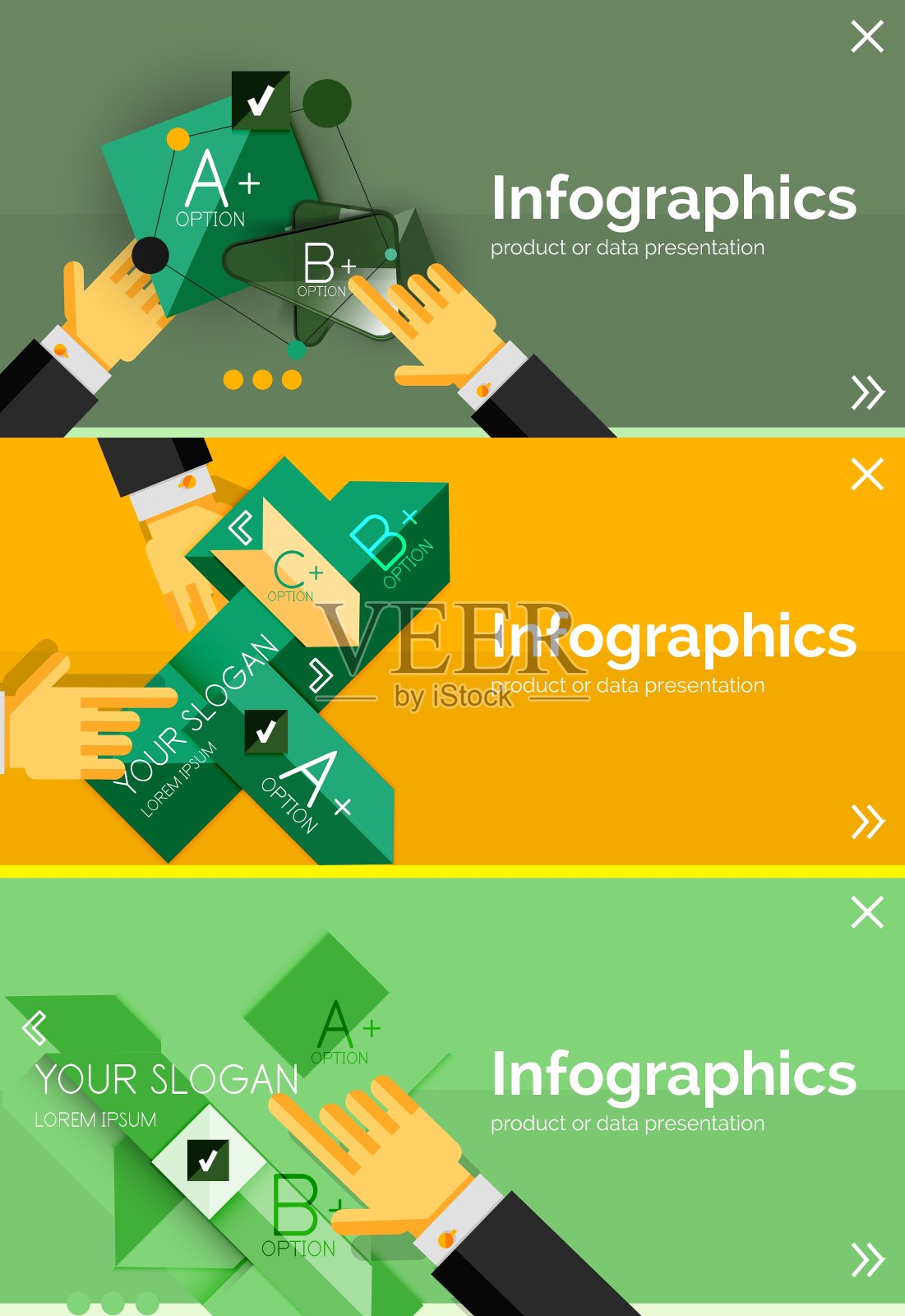 一套信息图形平面设计旗帜与手设计模板素材