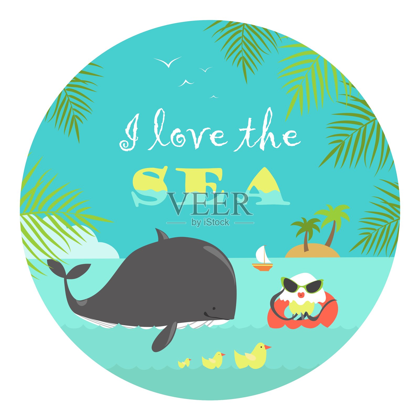 鲸鱼和水母在海里游泳设计元素图片