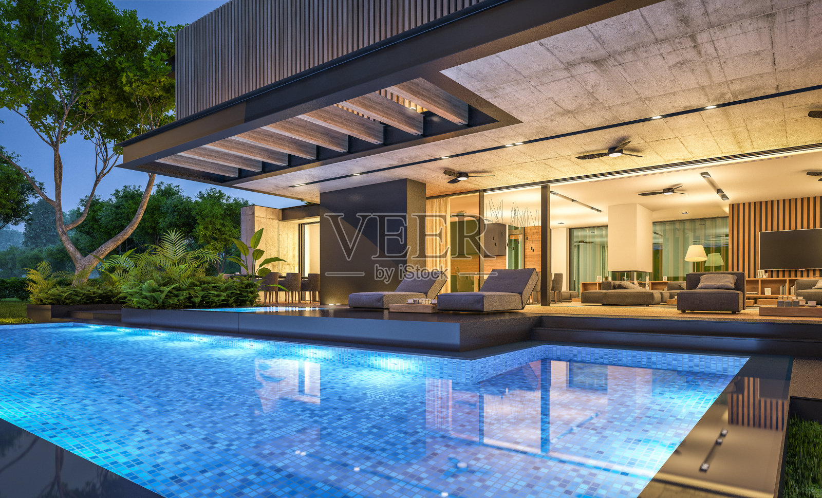 夜晚带木板外墙的现代住宅的3D渲染照片摄影图片