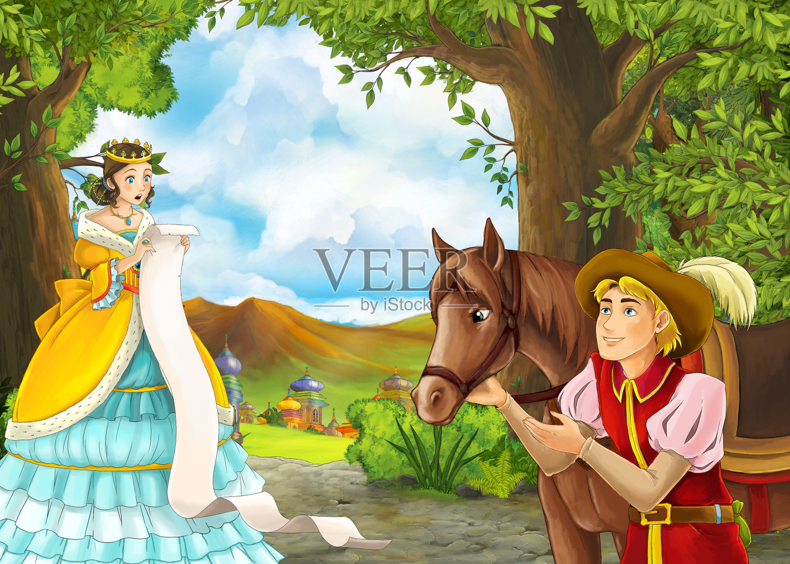 卡通自然景观与美丽的城堡插图插画图片素材