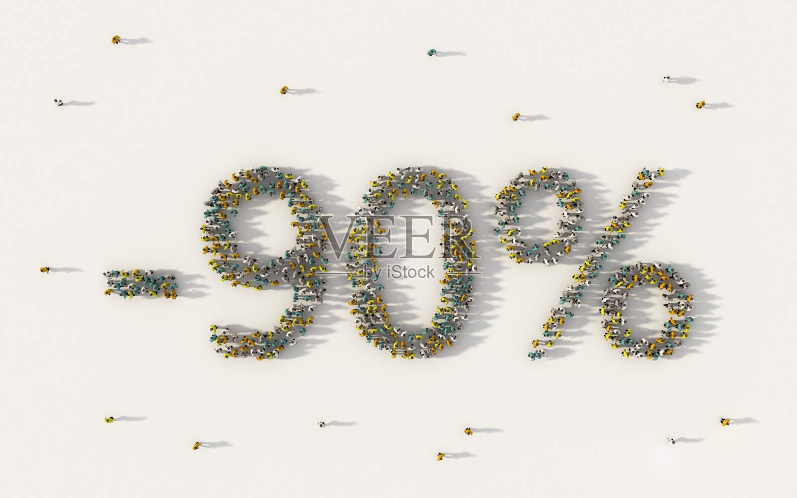 一大群人组成了九折打折的横幅。特别推广文字在社会媒体和社区概念上的白色背景。3d标志的人群插图。照片摄影图片
