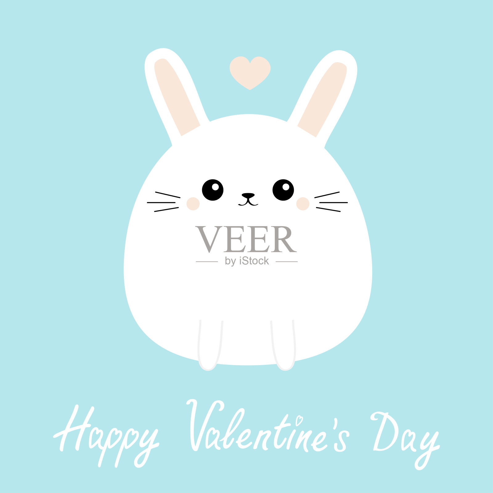情人节快乐。小白兔兔子的图标。有趣的端面。可爱可爱的卡通人物。粉色的心。婴儿贺卡模板。蓝色背景。平面设计。插画图片素材