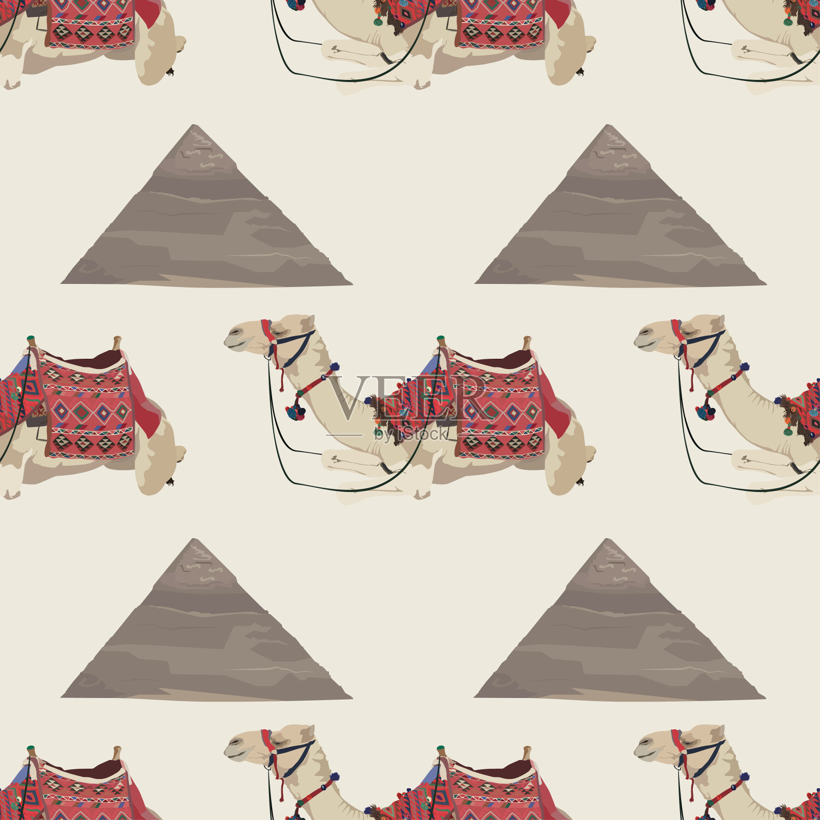 矢量无缝模式与阿拉伯单驼峰和埃及金字塔插画图片素材