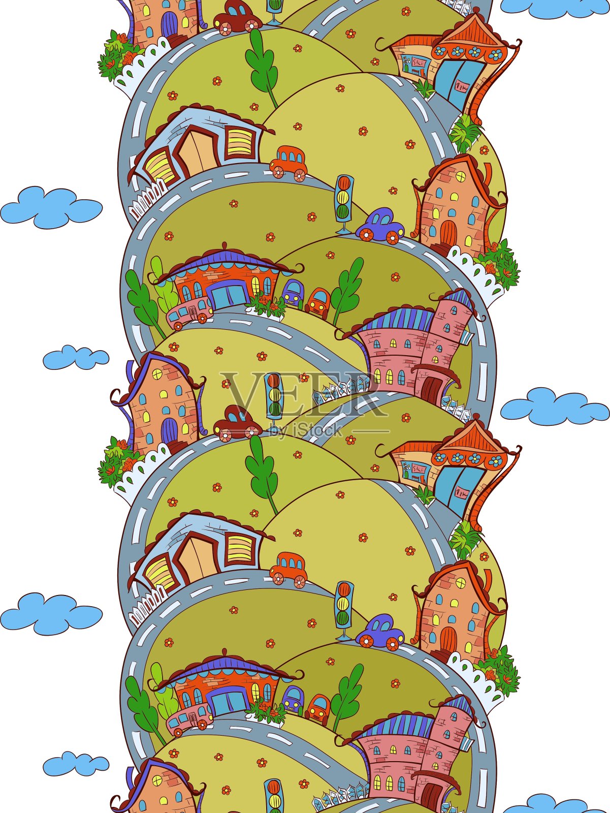 无缝垂直图案与卡通房子插画图片素材