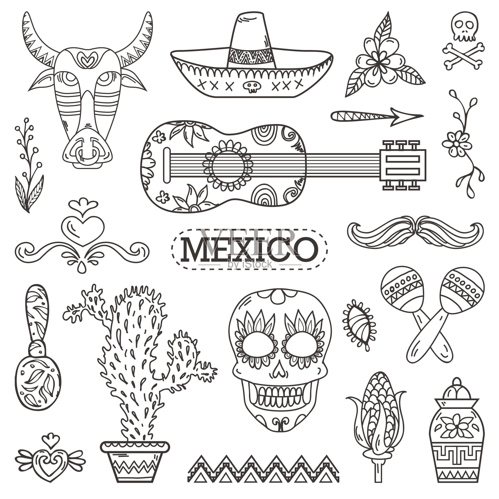 集墨西哥传统和文化元素插画图片素材