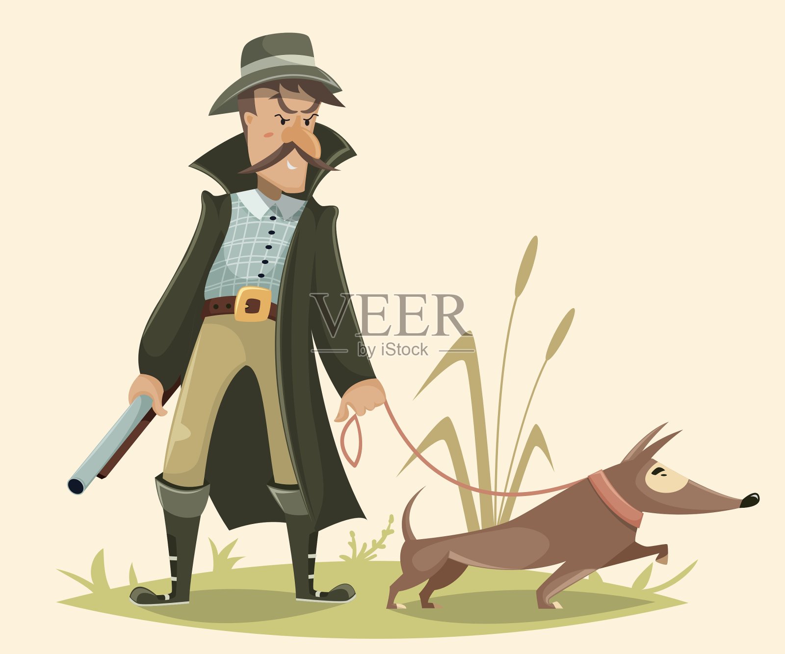 猎人与枪和狗滑稽的卡通人物插画图片素材