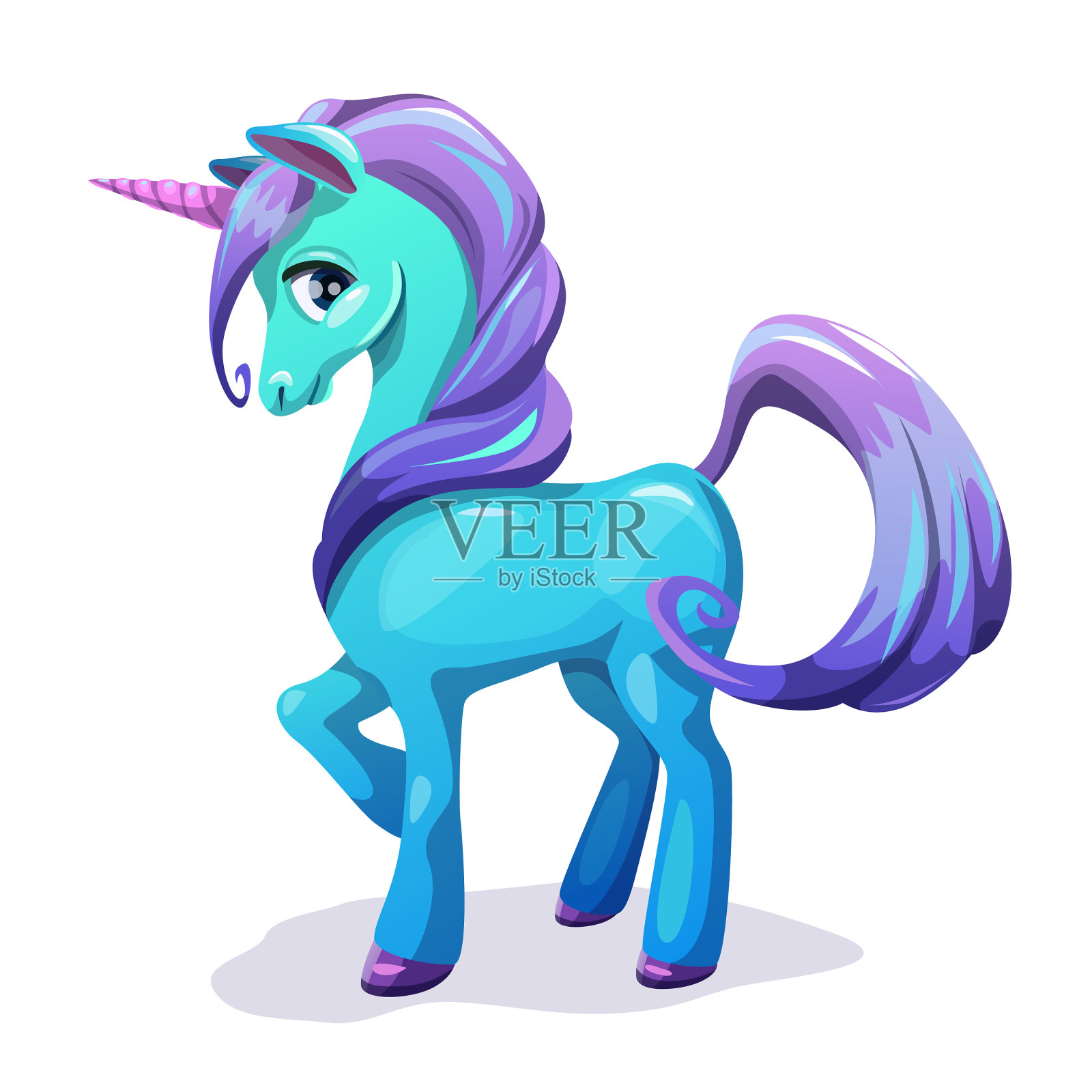 可爱的卡通蓝色独角兽与紫色的头发设计元素图片