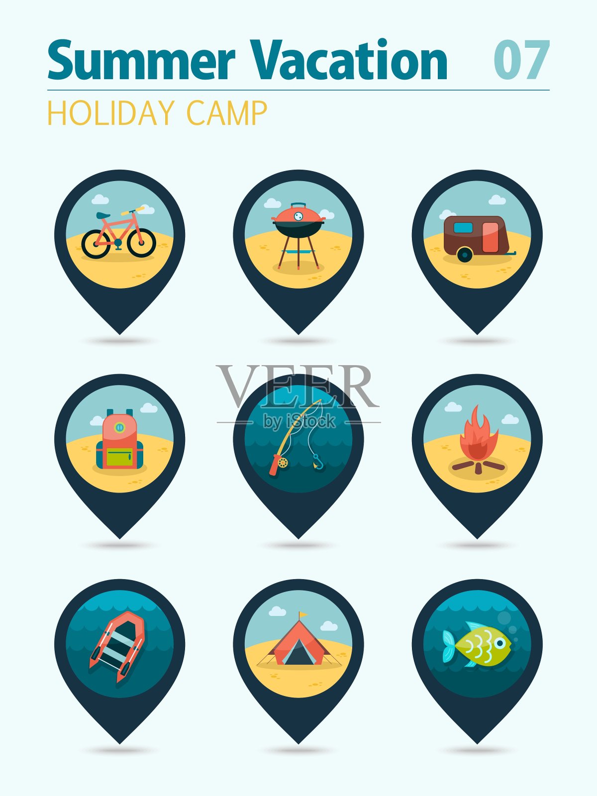 夏季露营针地图图标设置假日图标素材