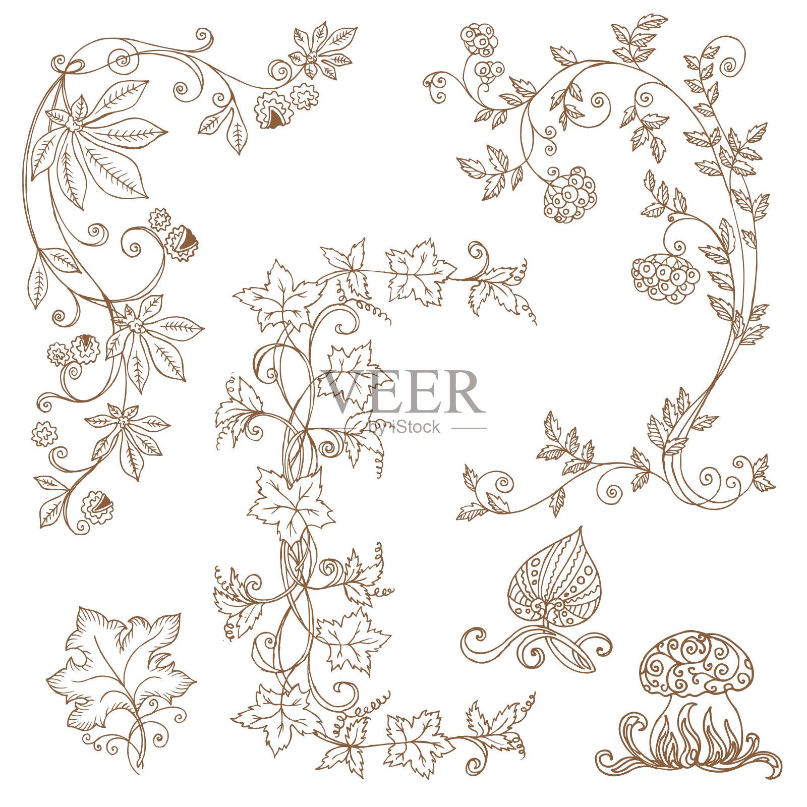 一套装饰秋天的树枝插画图片素材